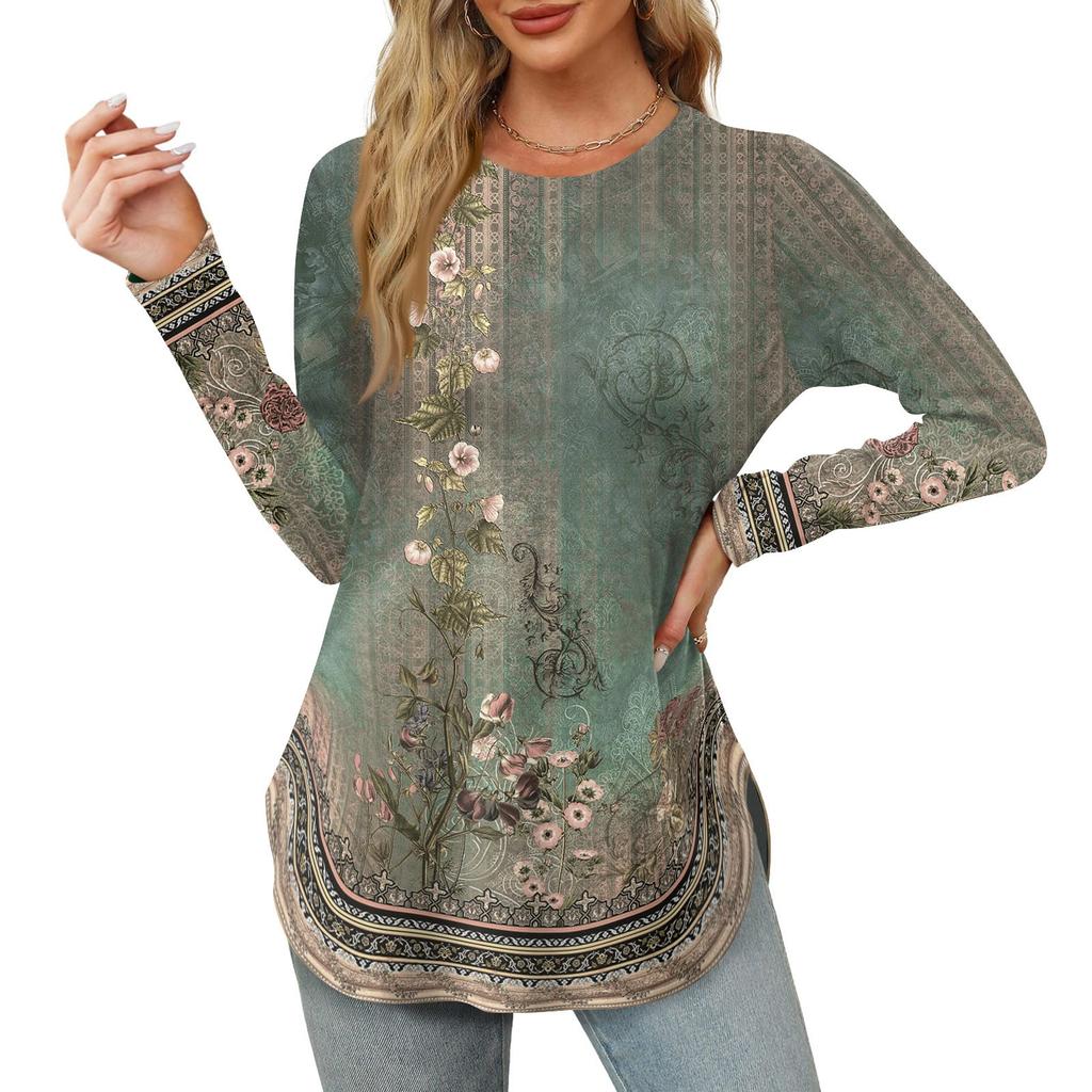 Женские рубашки с длинным рукавом и круглым вырезом, базовые свободные туники с боковым разрезом, повседневные рубашки с цветочным принтом