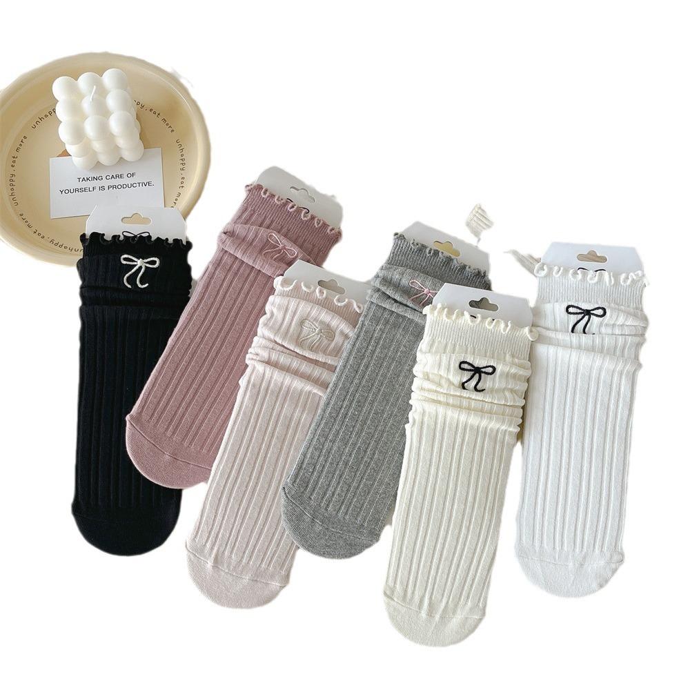 Женские носки Miu, женские хлопковые носки Mori с двойной иглой, с вышитым бантом и грибком, средние носки-трубы