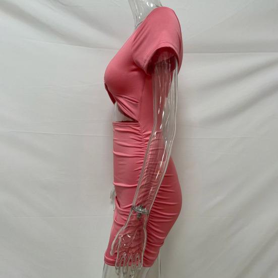 Женское платье-футляр с глубоким V-образным вырезом, плиссированными узкими короткими рукавами, сплошной цвет, узкая высокая талия, мягкое эластичное женское вечернее мини-платье для ночного клуба