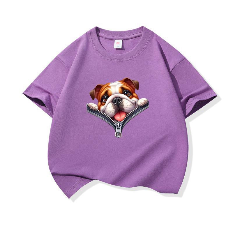 Kids Cotton T Shirt Charming Bulldog Puppy Dog Zipper Print Crew Neck Short Sleeve Tee Casual Breathable Boys Girls Summer Tops