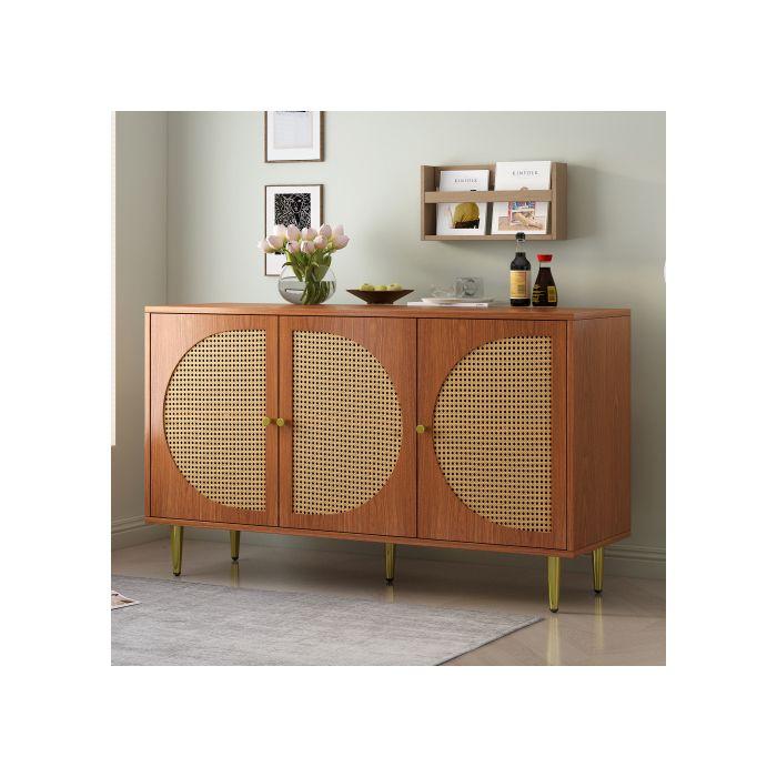 Buffet avec 3 portes en rotin Grande commode avec poignées en métal, noyer 129.8x40x76 cm
