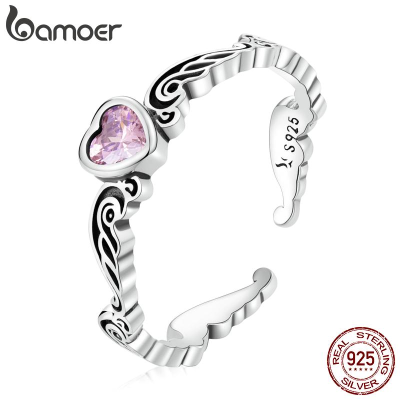BAMOER стерлингового серебра 925 пробы винтажный узор сердце кольцо для женщин регулируемое кольцо модные украшения