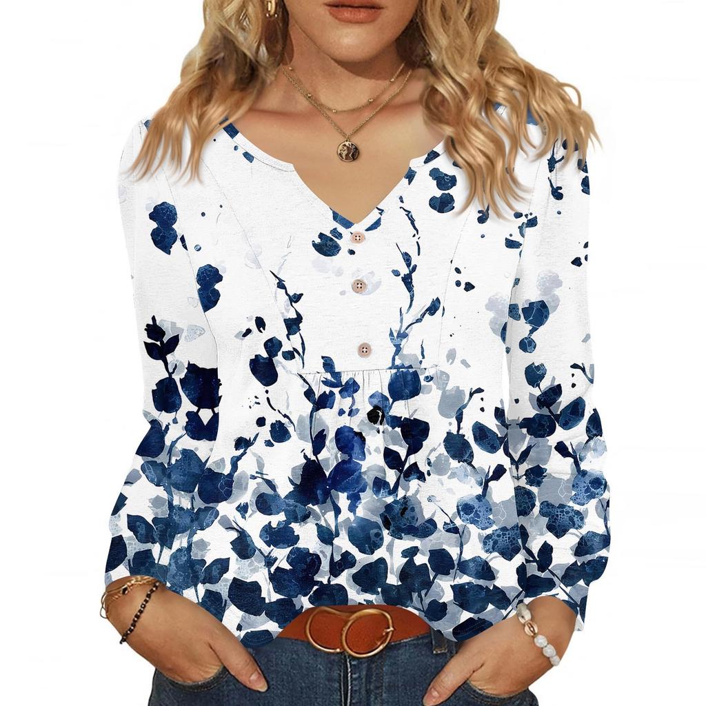 Женская модная повседневная блузка с V-образным вырезом на пуговицах, с длинным рукавом, пуловер, футболка, топ