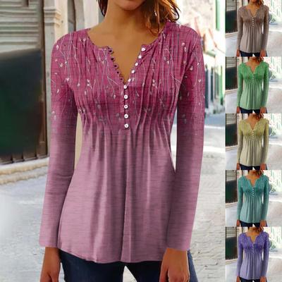 Женский воротник на пуговицах с принтом Плиссированные принты с длинными рукавами Базовые праздничные туники Узкие топы Этнические топы с принтом Футболки Пуловер с V-образным вырезом Топы Пуловеры