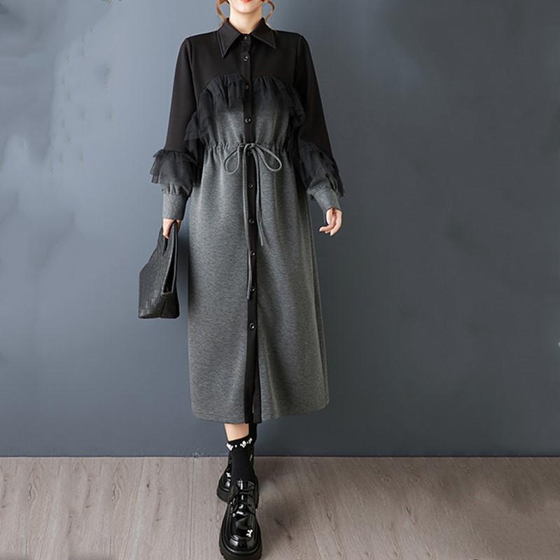Винтажное новое платье больших размеров с длинным рукавом для женщин, повседневное свободное весенне-осеннее платье-рубашка