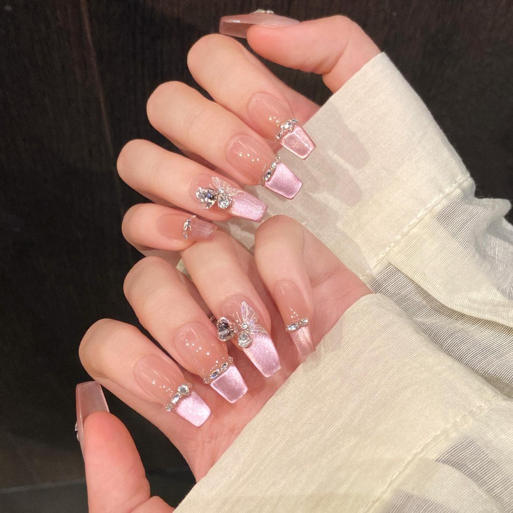 Yihe Gradient Cat Eye French Diamond-Styled Spring/Summer Medium Handmade Nails