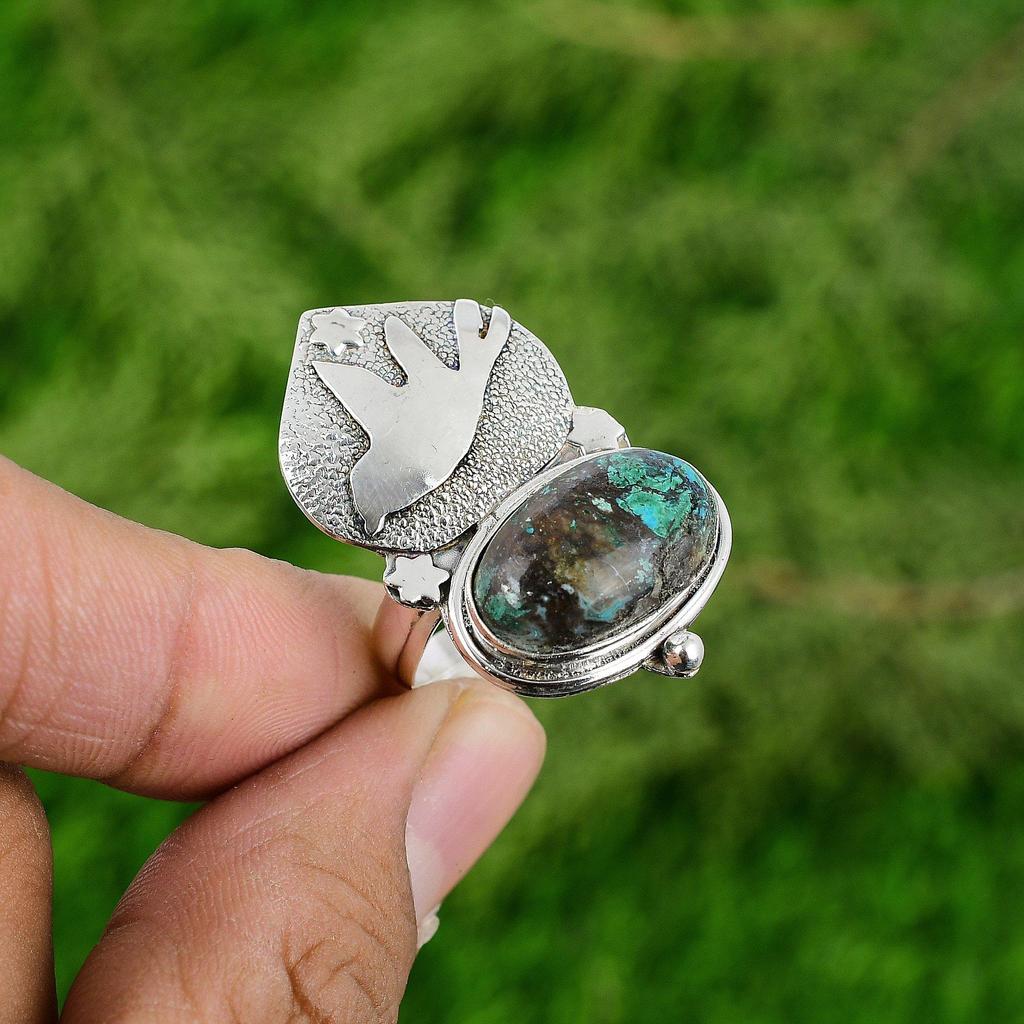 Natural Chrysocolla Gemstone Stackable Bird Adjustable Ring 925 Sterling Silver