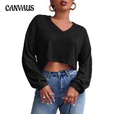 Женская мода осень-зима топ однотонный V-образный вырез укороченный трикотаж с длинными рукавами