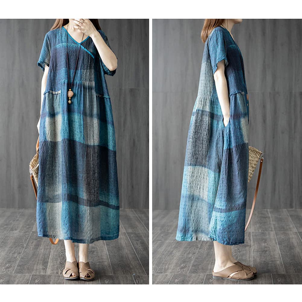 AOLIPT Long Summer Checkered Long Short Loose Plus Natural Women's Dress, Cotton-Linen Dress, Length, Sleeves, V-Neck, Fit, Sizes, Slimming, (M Blue)