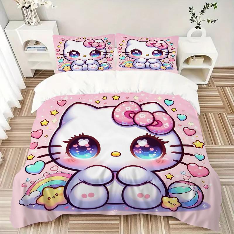 3pcs Cartoon Hello Kitty's Magical Adventure Printed Quilt Set - Soft and Comfortable Quilt Cover for Bedroom, Guest Room and Dormitory Deco