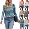 Summer Women's Long Sleeved Loose T-shirt Square Collar Printed T-shirt
