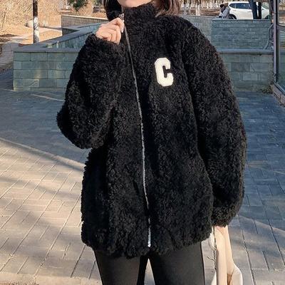 Женская куртка из овечьей шерсти с черным воротником-стойкой, осенне-зимняя флисовая утолщенная кардиган на молнии, универсальный топ