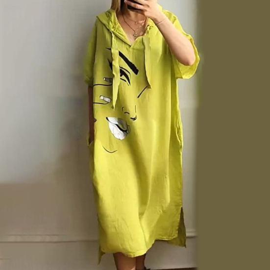 Женское платье с принтом лица, свободное платье с капюшоном и шнурком в богемном стиле с короткими рукавами, городской стиль, пуловер с разрезом по краю и боковым карманом, платье миди длиной до середины икры