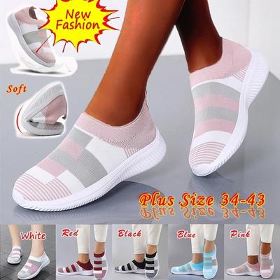 Женские кроссовки Трикотажные носки с воздушной сеткой Дышащая удобная повседневная обувь без шнуровки Сращивание цветных блоков Эластичная эластичная вулканизированная обувь