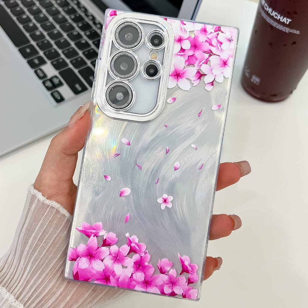 Samsung S25 Ultra Mobile Phone Case Laser Texture Flower and Grass Lens Film S24FE Bracelet A56 Electroplated Hard Shell