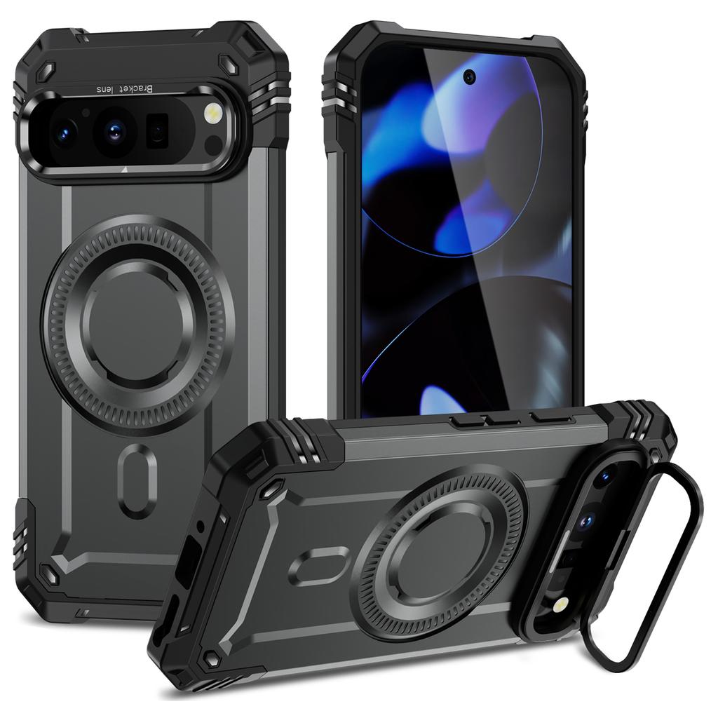 For Google Pixel 9/9 Pro Case Compatible with MagSafe Metal Lens Frame Kickstand PC+TPU Mobile Cover
