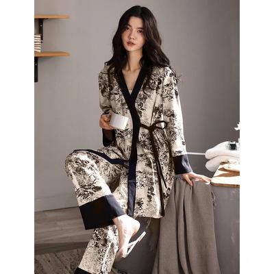 Новые пижамные комплекты, женская хлопковая ночная рубашка-кимоно с длинными рукавами, комплект из трех предметов