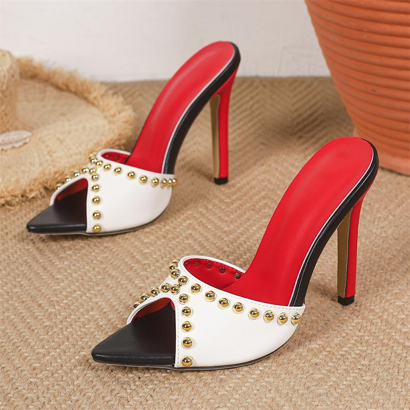 Pesstwei Summer Fashion Metal Decoration Pointed Peep Toe Women Slippers Sexy Thin High Heels Banquet Party Shoes