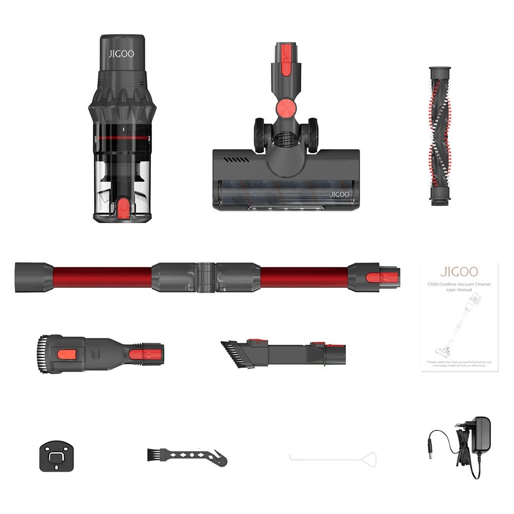 JIGOO Беспроводной пылесос C500 с двигателем мощностью 500 Вт, всасывающим усилием 33 кПа, временем работы 45 минут, съемным аккумулятором и пылесборником емкостью 1,2 л.