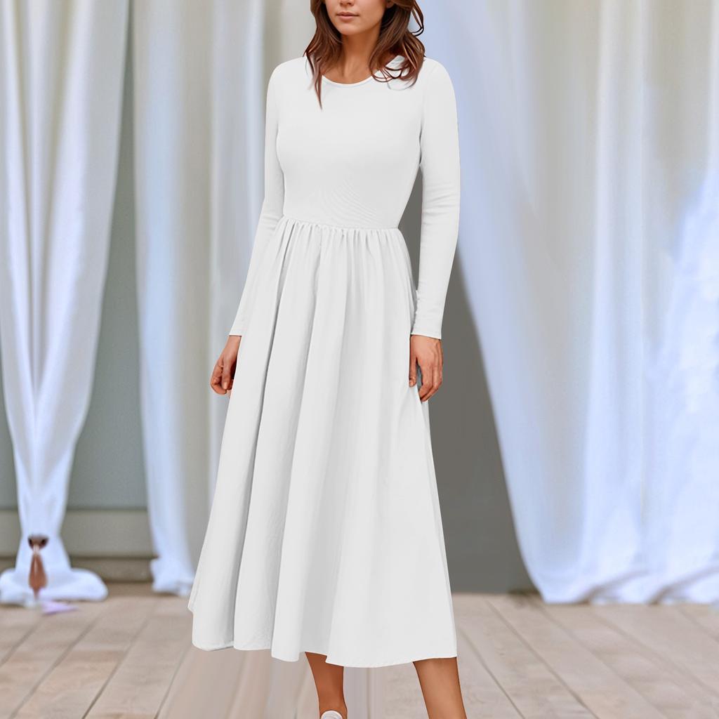 Women's Solid Color Midi Boho Dress Casual Long Sleeve Flowy Smocked Dresses With Pocket Summer And Spring