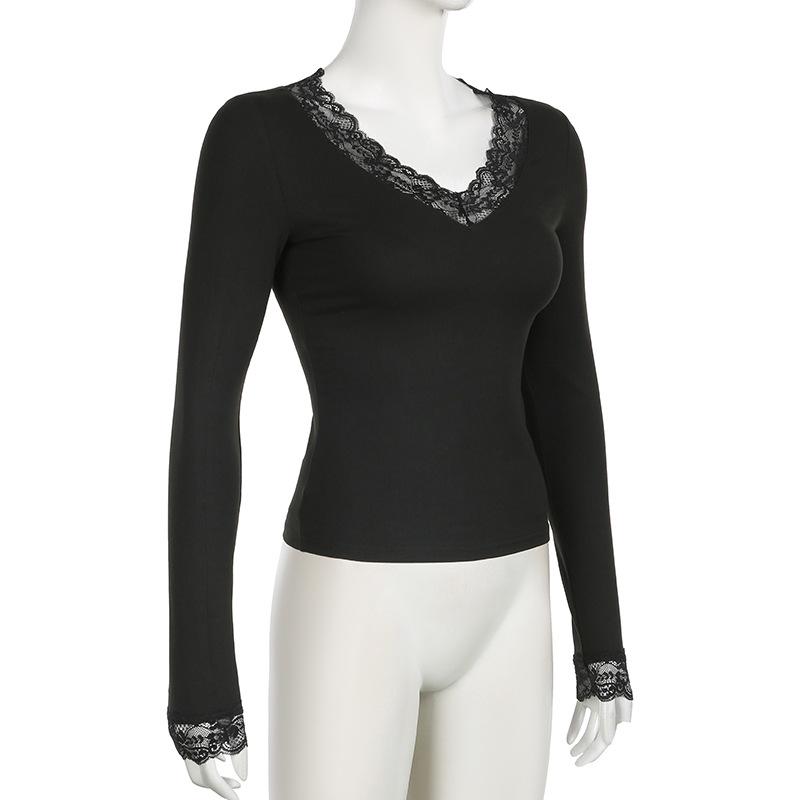 Европейская кружевная лоскутная футболка с длинным рукавом и V-образным вырезом