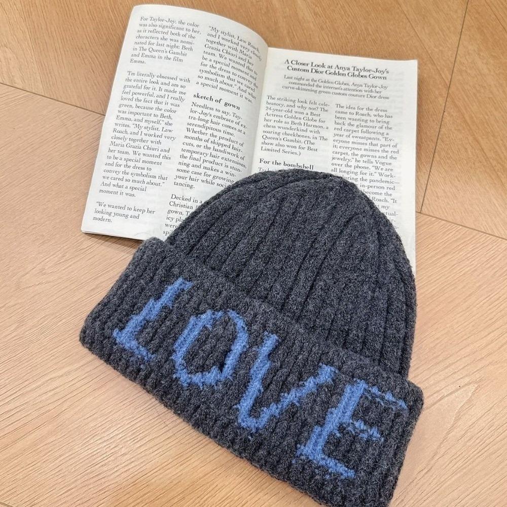 Stretchy Letter Embroidered Knitted Beanie Hat Thick Earflap Beanie Girls