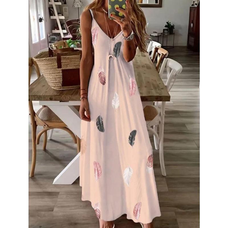 Модное платье-сарафан без рукавов с принтом перьев, с глубоким V-образным вырезом, облегающее, элегантное, свободное, женское, летнее, А-силуэта, для вечеринок, повседневное, простое, женская одежда