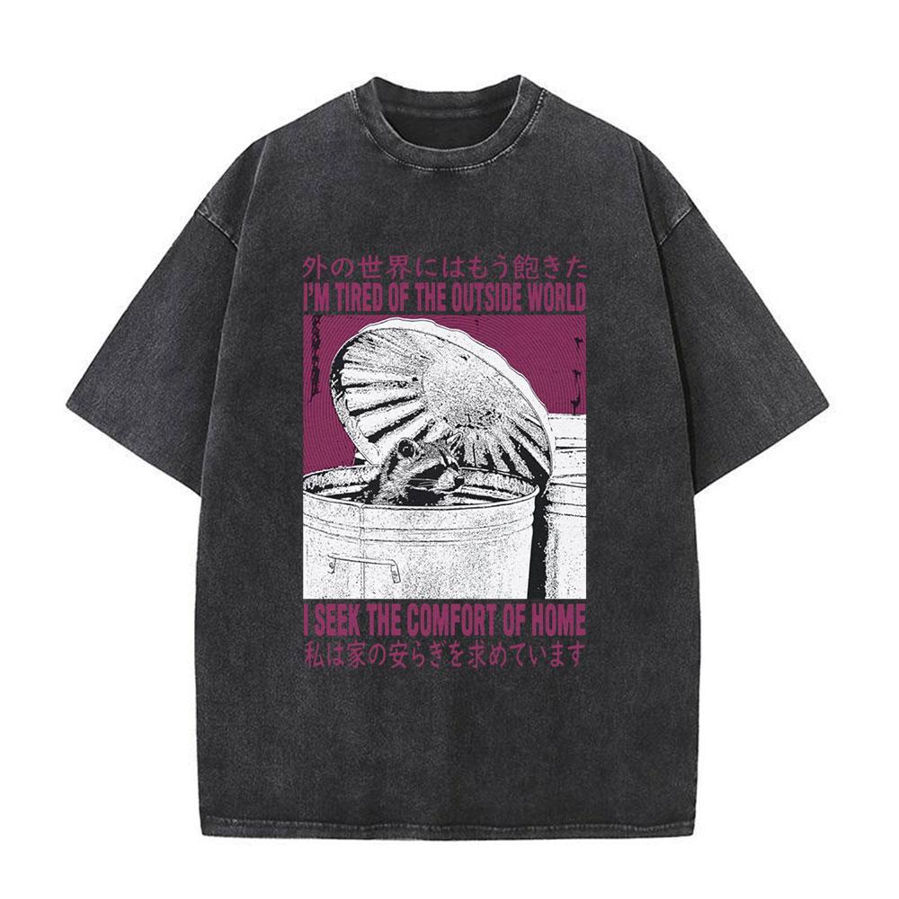 Lost In The Cheese Japanese Rat Vintage T Shirt Mens Casual Short Sleeve T-shirts Unisex Retro Washed Oversized T Shirts