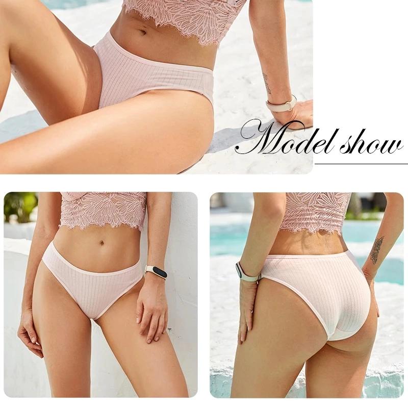 Хлопковые трусики в рубчик, женские трусы, простые однотонные трусики-бикини с низкой талией, спортивное нижнее белье для девочек, большие размеры M-XL