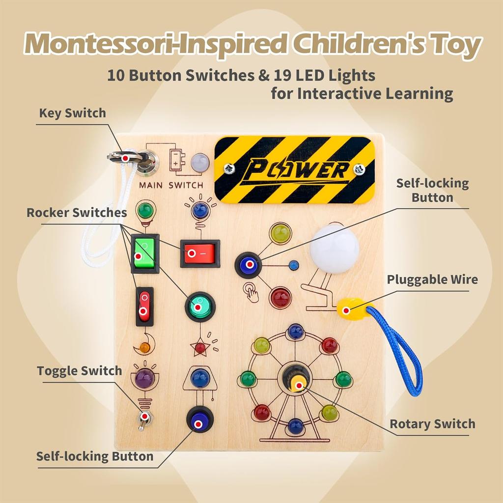 Монтессори Доска с переключателями для малышей - Деревянная Светящаяся LED Доска с активностями Сенсорные Развивающие Обучающие Дорожные Игрушки