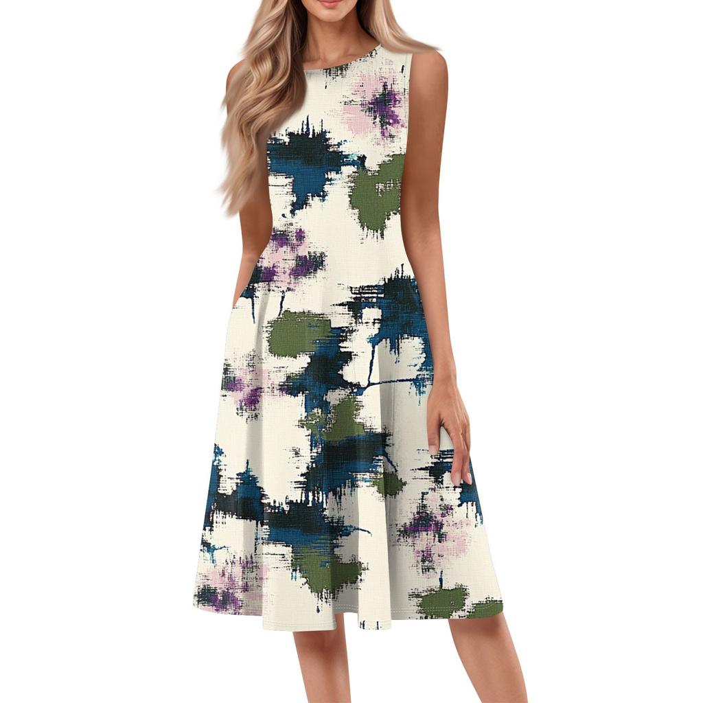 Женское повседневное модное платье миди с цветочным принтом и круглым вырезом без рукавов