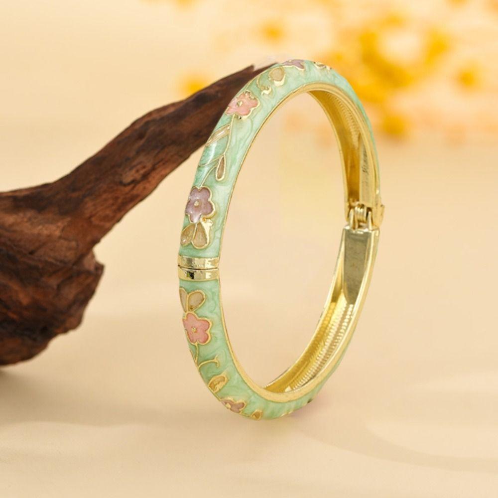 Flower Pattern Cloisonne Bracelet Rustic Style Women Bangle Blossom Enamel Bracelet Gift