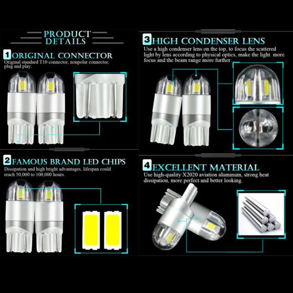 2 Pcs T10 LED Bulbs Light Lamp SMD Replacement High Brightness for Car Vehicle