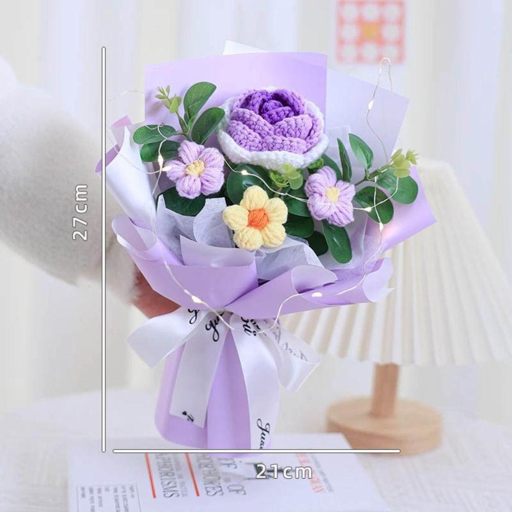 Cotton Knitted Flower With Lamp Artificial Flowers New Crochet Flower Bouquet Graduation Gifts