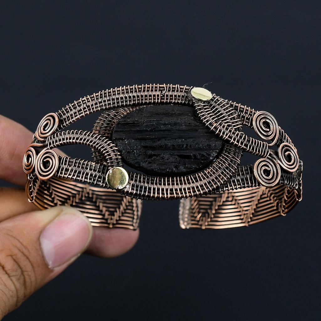 Black Tourmaline Rough Gemstone Pure Copper Wire Wrapped Handmade Cuff/Bangle Jewelry