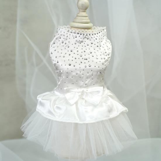 Pet Dress Shiny Rhinestone Stand Collar Soft Comfortable Eye-catching Shirring Princess See-through