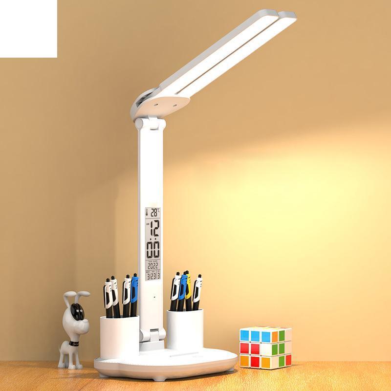 LED Desk Lamp USB Dimmable Touch Foldable Table Lamp with Calendar Temperature Clock Night Light for Study Reading Lamp