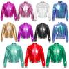Kids Girls Shiny Long Sleeve Baseball Jacket Sparkle Metallic Zipper Bomber Jacket Coat Outerwear