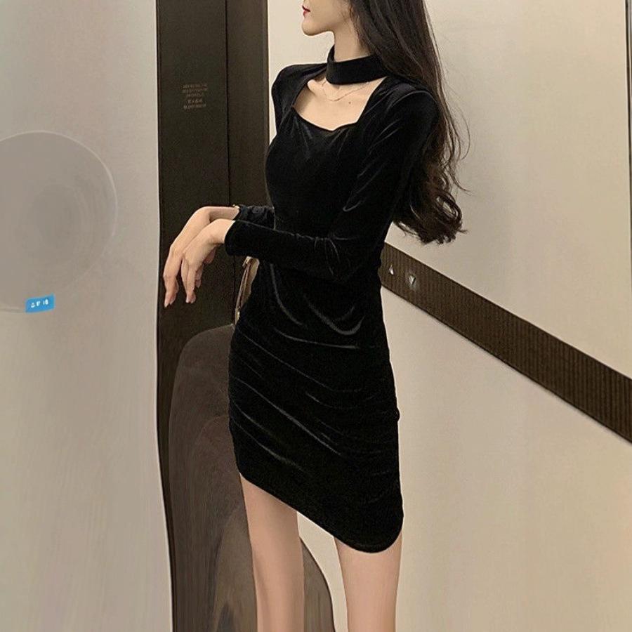 Gold Velvet Slim Fit Dress: Women's Sexy & Warm Autumn/Winter Style