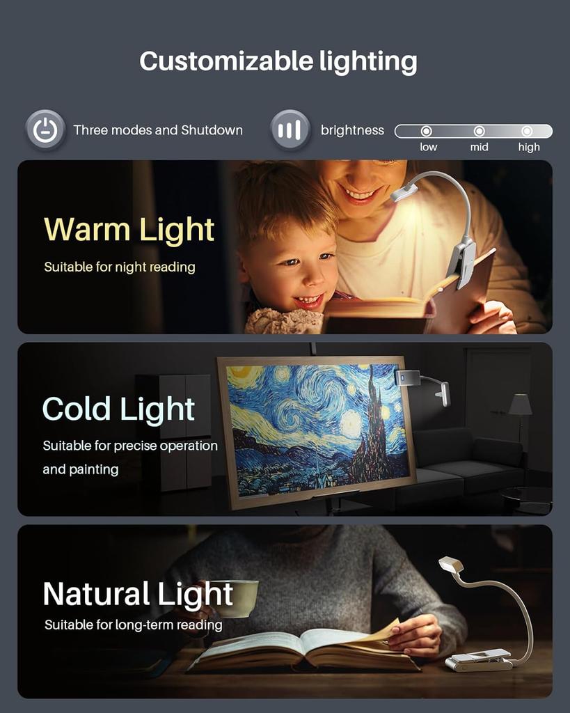 Алюминиевый аккумуляторный светильник для чтения, 3 цвета, 3 уровня яркости, пристегивающийся мини-светильник для чтения, небольшой ночник для чтения, лампа для учебы и чтения книг