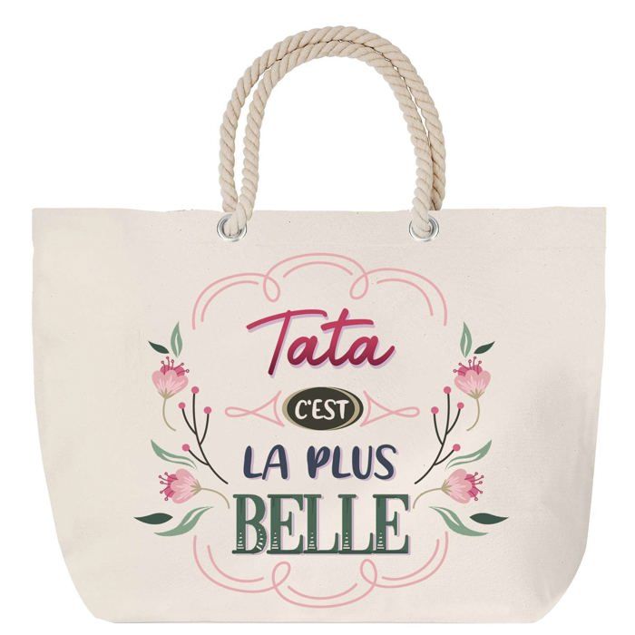 Sac de plage - PLANETEE - Tata la plus belle - Anse corde - Grand format - Coton fabriqué en France