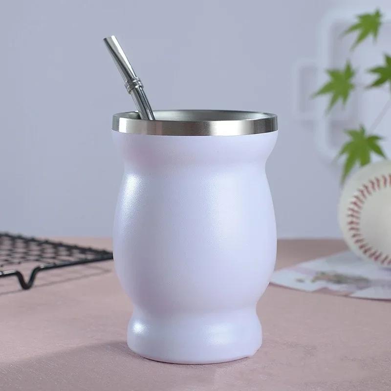 304 Stainless Steel 8Oz Matai Cup Gourd Shaped Tea Cup with Straw Spoon Heat Insulation Water Cup