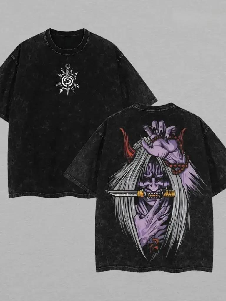 Unisex Vintage Washed Double Sided Spirit Seal Graphic Oversized Casual Cotton T