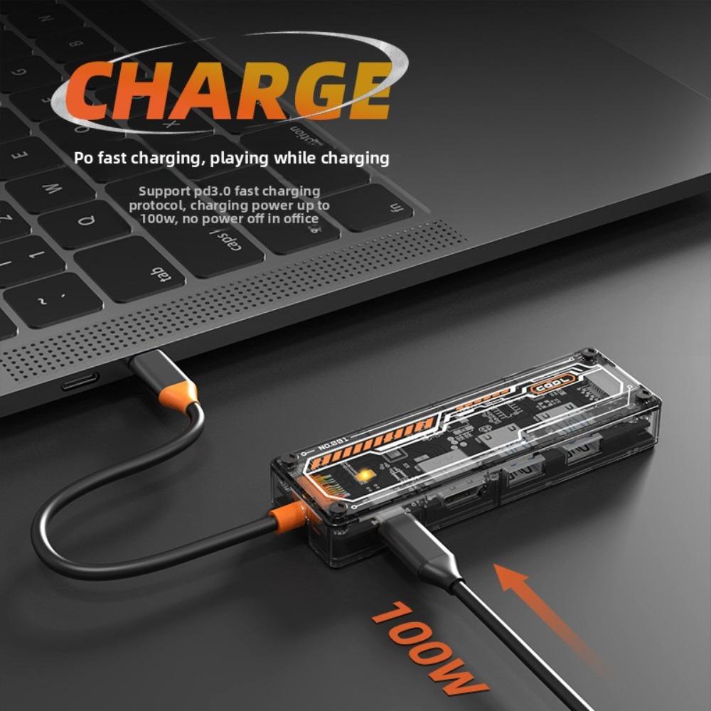 Док-станция 5 в 1 Type C, прозрачный дизайн, USB-концентратор с адаптером RJ45 100 Мбит/с Ethernet