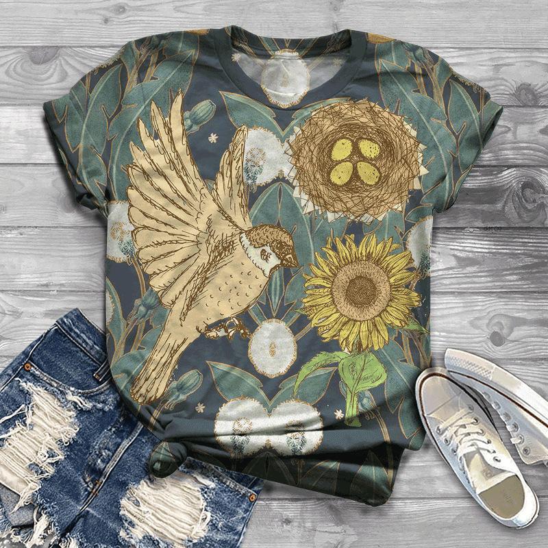 Лето Новая Птица 3D Принт Женский Топ Свободный Короткий Рукав Свободная Повседневная Футболка