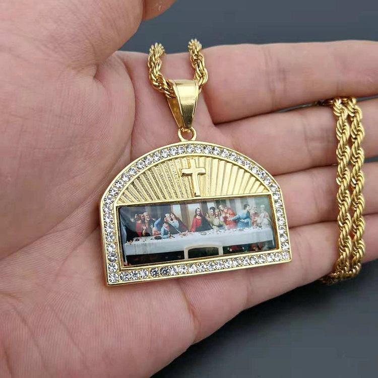 New, Hip Hop, Necklace, Gold Plated Diamonds The Last Supper Oil Painting
