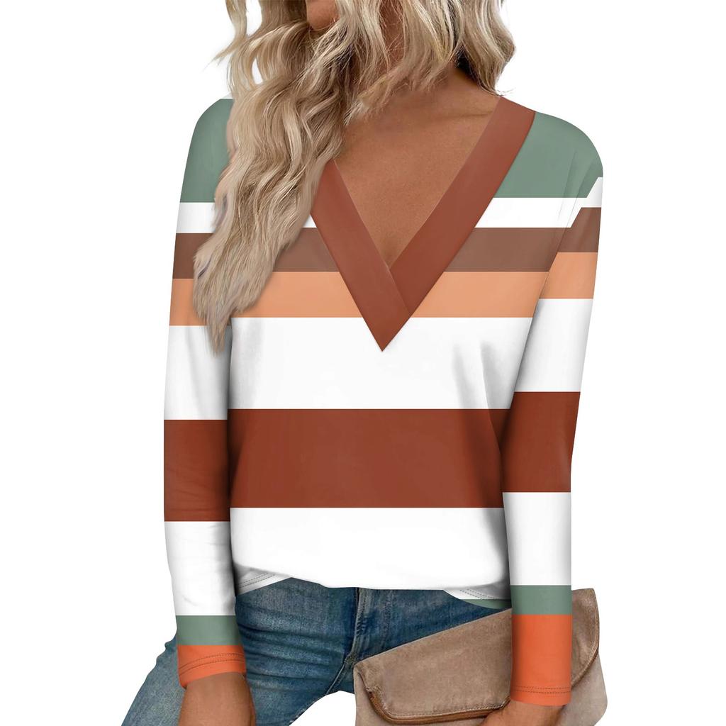 Женская модная футболка с длинными рукавами и большим v-образным вырезом спереди и изогнутым краем с принтом