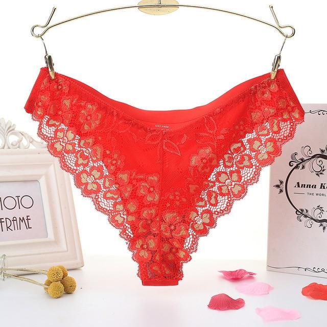 Sexy Printed Panties Women Lace Low-Rise Briefs Breathable Embroidered Underwear Transparent Thong