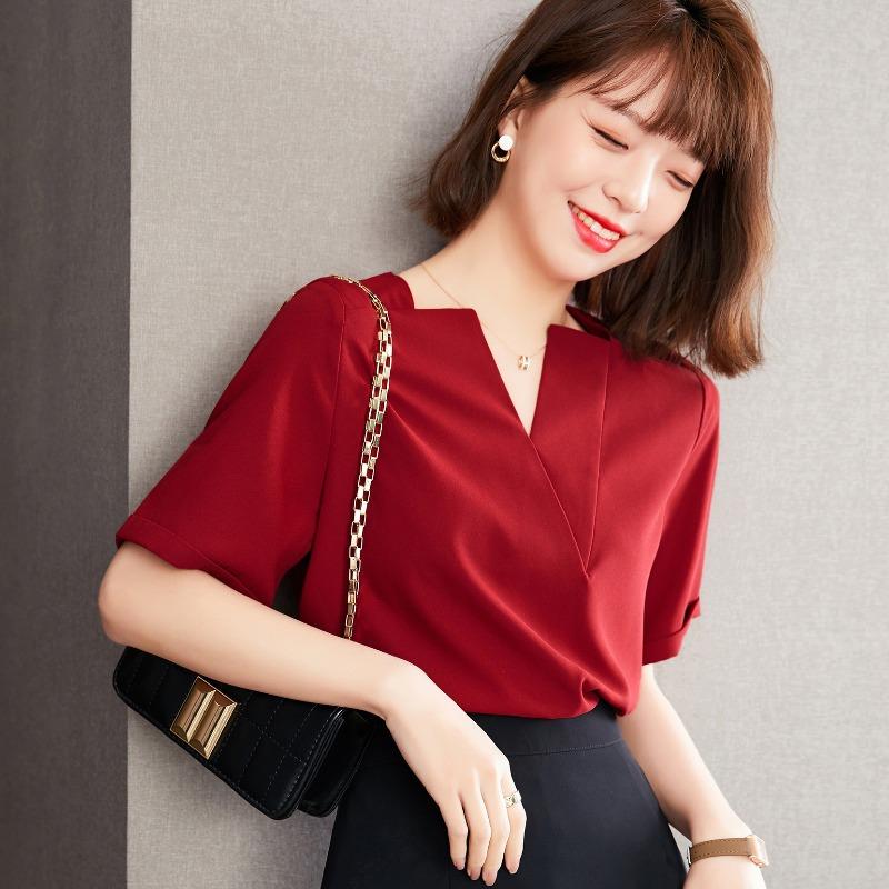 Красная шифоновая рубашка с короткими рукавами, женская летняя рубашка нового стиля, модный топ с V-образным вырезом