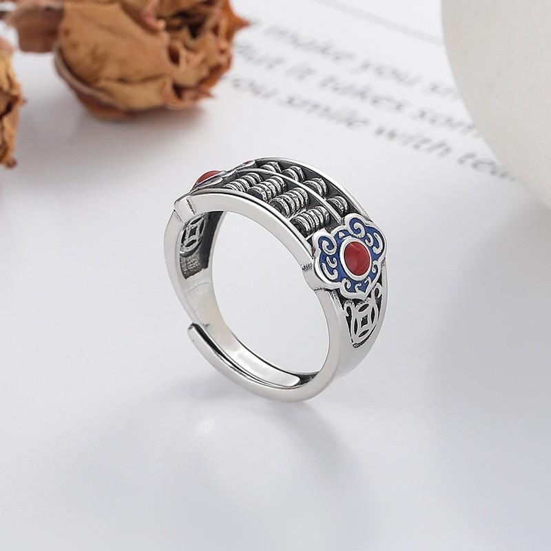 Adjustable Open Ring With Vintage Abacus Motif Oxidized Red Agate Inlay Sterling Unisex Boho Retro Jewelry